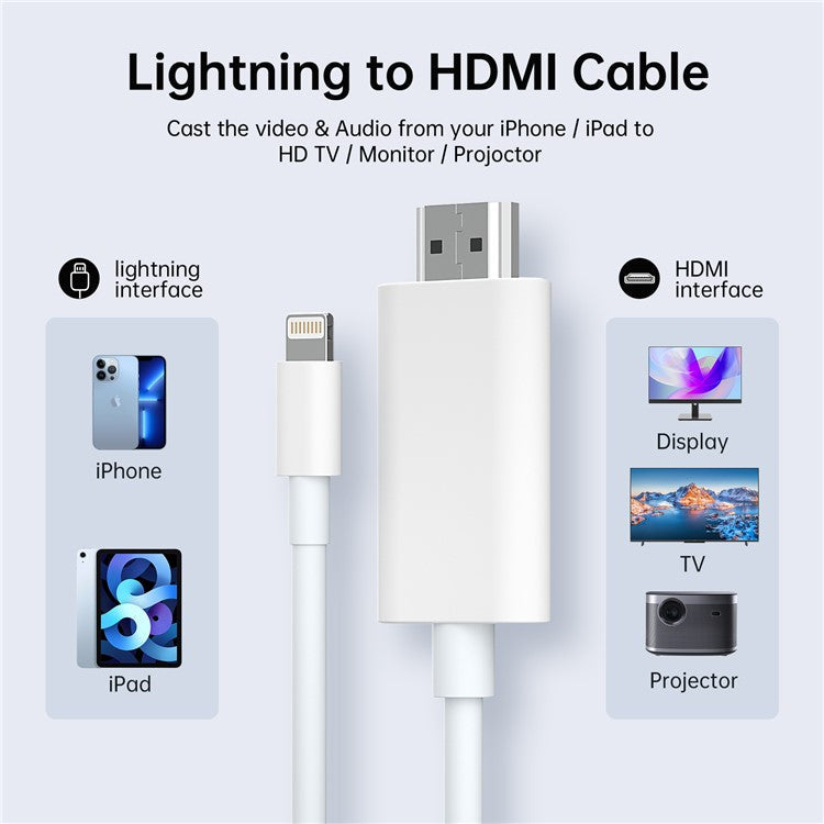 Lightning to HDMI Cable For iPhone / iPad 1080P HD Screen Mirroring Adapter Supports iOS 11.0+