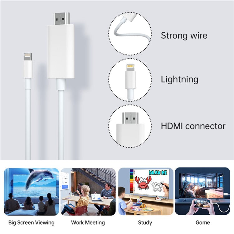 Lightning to HDMI Cable For iPhone / iPad 1080P HD Screen Mirroring Adapter Supports iOS 11.0+