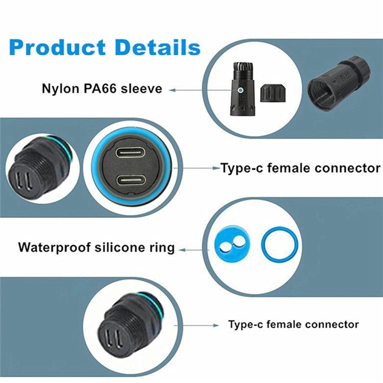 10Gbps IP68 Waterproof Dual Type-C Female to Female Adapter with Protective Cap
