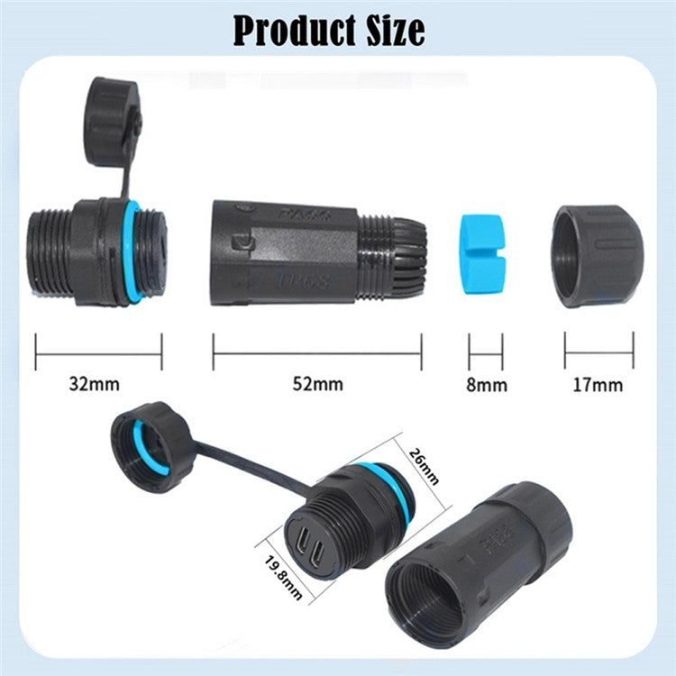 10Gbps IP68 Waterproof Dual Type-C Female to Female Adapter with Protective Cap
