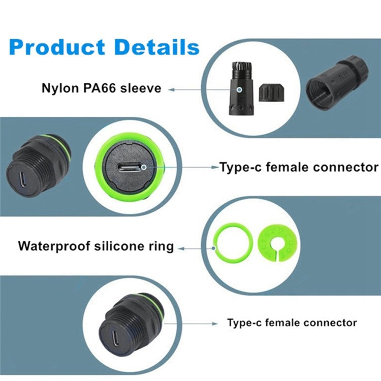 10Gbps IP68 Waterproof Docking Connector Single Port Type-C Female to Female Adapter with Protective Cover