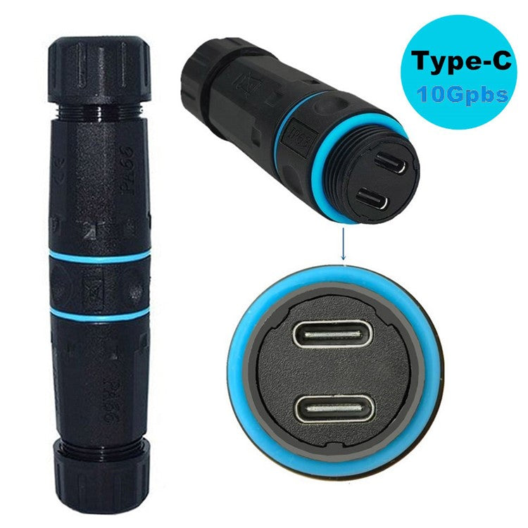 10Gbps Dual Type-C Outdoor IP68 Waterproof Connector M20 Pass Through Data Transfer Charging Adapter