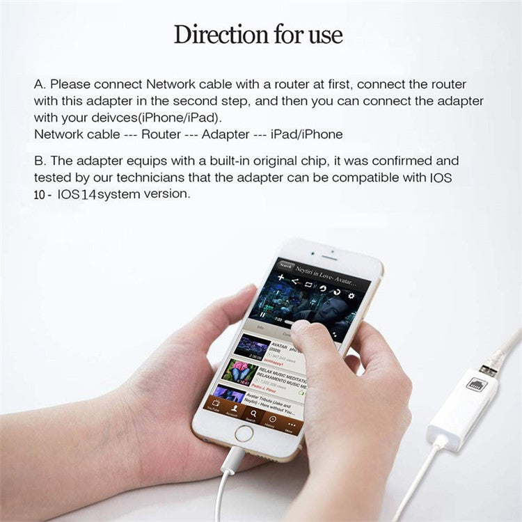 Lightning To RJ45 Ethernet LAN Wired Network Adapter 100Mbps Network Cable for iPhone iPad