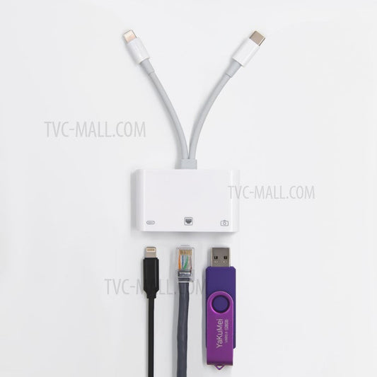 NK-107 Pro 3 in 1 Type-C+8 Pin Male to USB+RJ45+8 Pin Female Charging Adapter Cable Splitter Converter