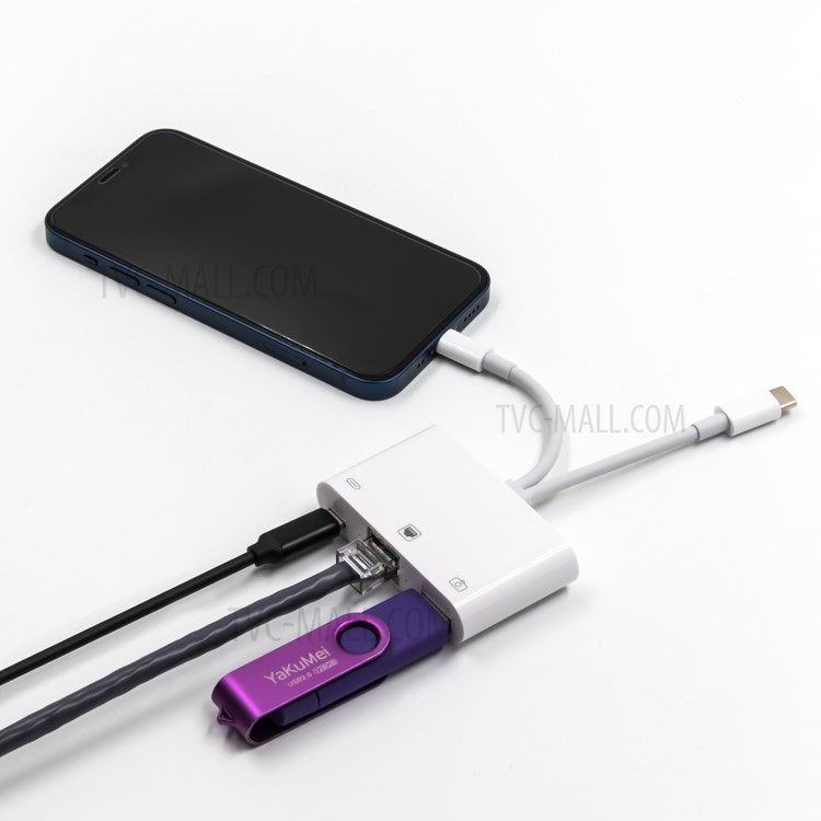 NK-107 Pro 3 in 1 Type-C+8 Pin Male to USB+RJ45+8 Pin Female Charging Adapter Cable Splitter Converter