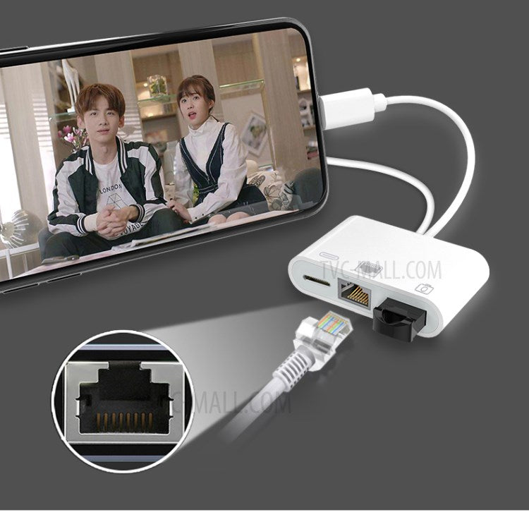 NK-107 Pro 3 in 1 Type-C+8 Pin Male to USB+RJ45+8 Pin Female Charging Adapter Cable Splitter Converter