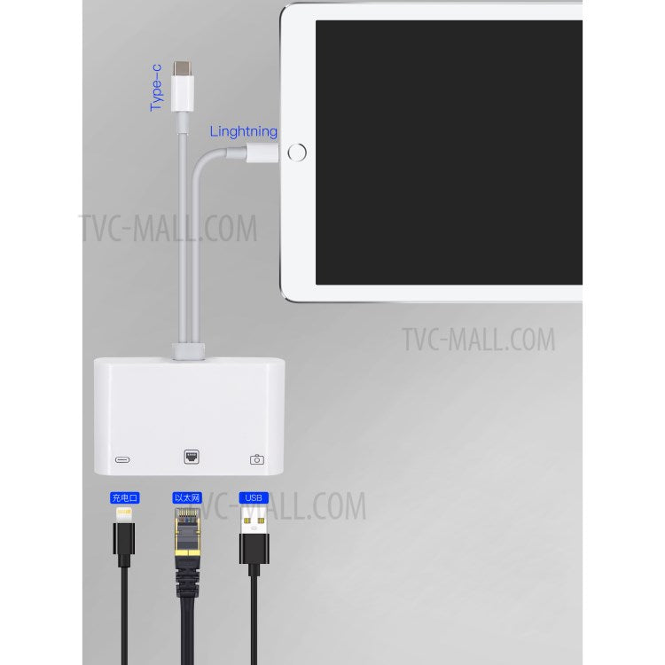 NK-107 Pro 3 in 1 Type-C+8 Pin Male to USB+RJ45+8 Pin Female Charging Adapter Cable Splitter Converter
