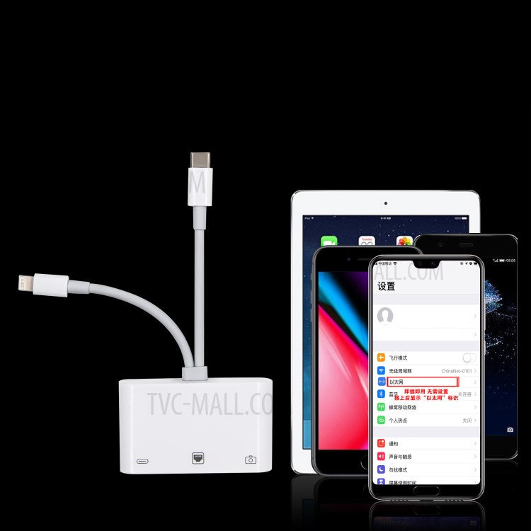 NK-107 Pro 3 in 1 Type-C+8 Pin Male to USB+RJ45+8 Pin Female Charging Adapter Cable Splitter Converter
