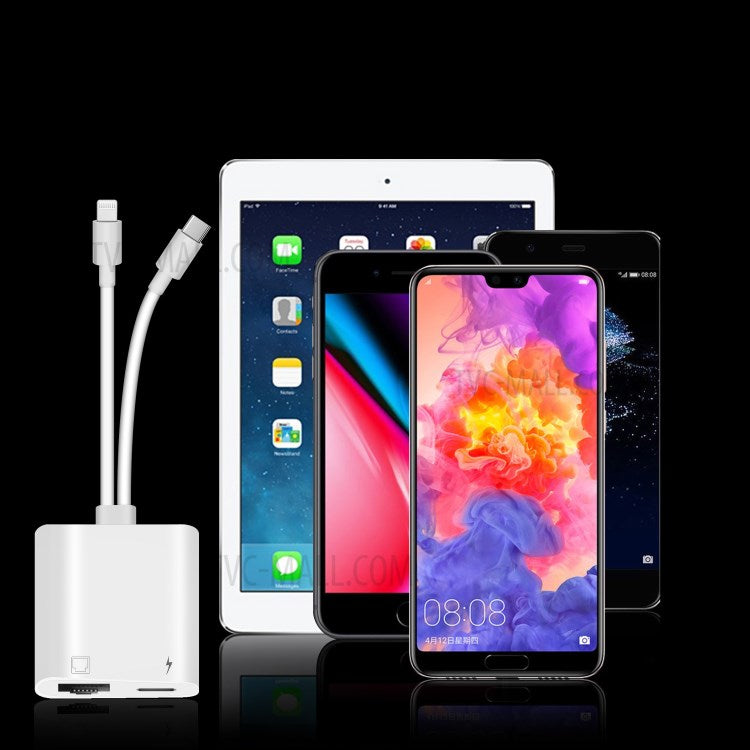 NK-1035 Pro 2 in 1 Type-C+8 Pin Male to RJ45+8 Pin Female Charging Adapter Cable Converter