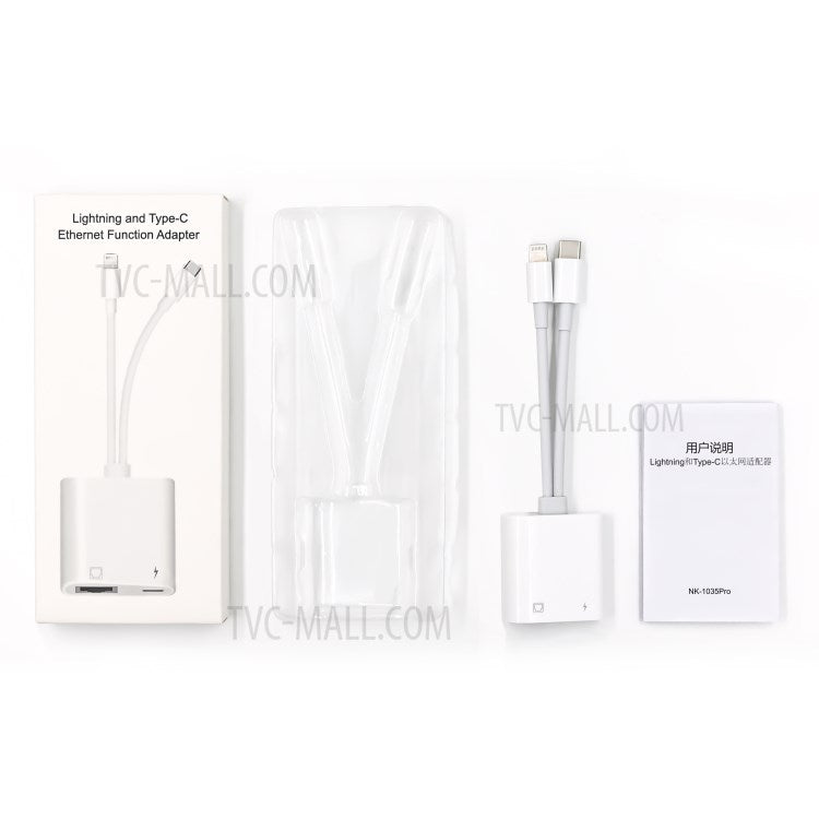 NK-1035 Pro 2 in 1 Type-C+8 Pin Male to RJ45+8 Pin Female Charging Adapter Cable Converter