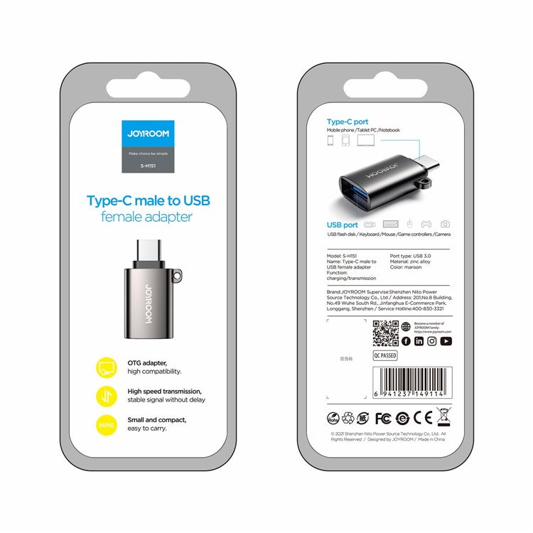 JOYROOM S-H151 Type-C Male to USB Female Adapter Data Transmission Charging Converter Connector
