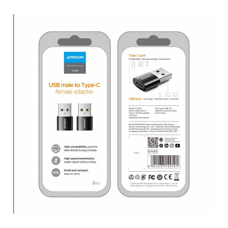 2pcs JOYROOM S-H152 USB to Type C OTG Adapter USB Male to USB-C Female Converter for Laptop Mobile Phone