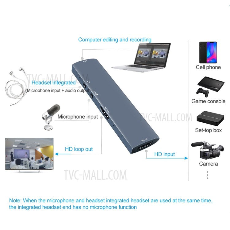 Z46 4K HDMI Female Microphone Audio Port USB Video Capture Card with Loop for Game Recording Live Streaming
