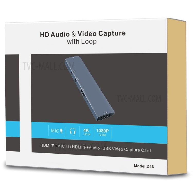 Z46 4K HDMI Female Microphone Audio Port USB Video Capture Card with Loop for Game Recording Live Streaming