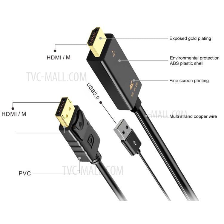 H147 HDMI+USB 2.0 Male to DisplayPort Male Converter HD Conversion Cable for Monitor Projector HDTV - 1.8m