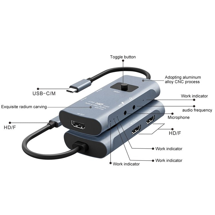 Z54A HDMI Output + 2 HDMI Input + Microphone + Audio to Type-C HD Video Audio Capture Switcher with Loop