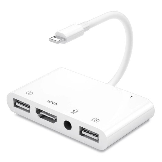 5-in-1 Lightning to Microphone Aux Jack HDMI Audio Adapter 4K TV Dual USB Hub OTG Adapter for iPhone 12/11 Pro/11/XS/X/8/7/iPad