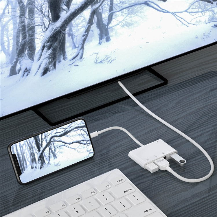 5-in-1 Lightning to Microphone Aux Jack HDMI Audio Adapter 4K TV Dual USB Hub OTG Adapter for iPhone 12/11 Pro/11/XS/X/8/7/iPad