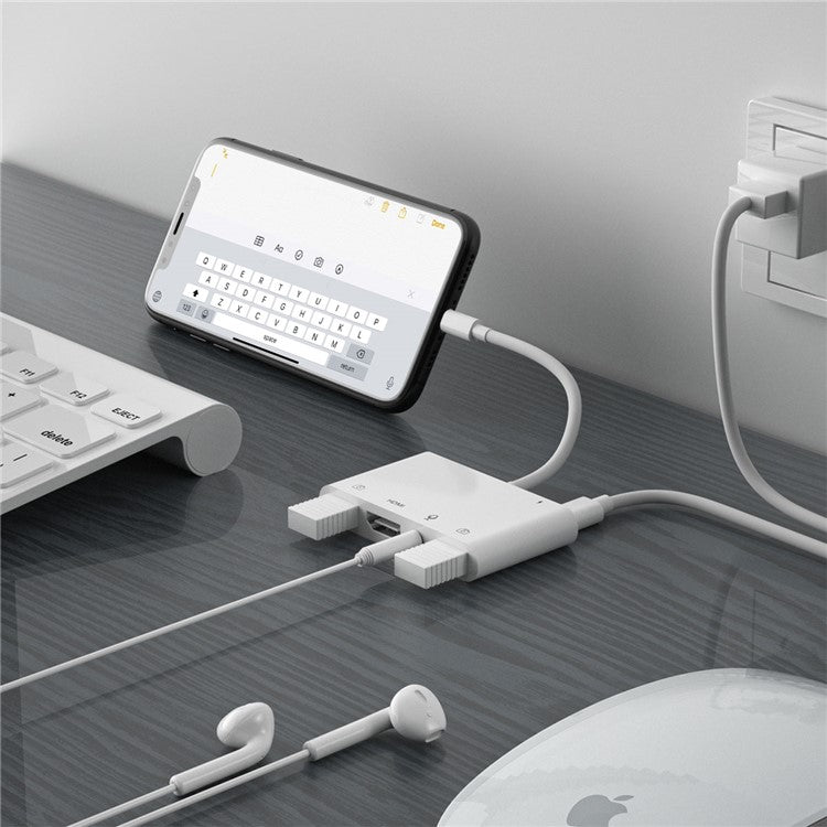 5-in-1 Lightning to Microphone Aux Jack HDMI Audio Adapter 4K TV Dual USB Hub OTG Adapter for iPhone 12/11 Pro/11/XS/X/8/7/iPad
