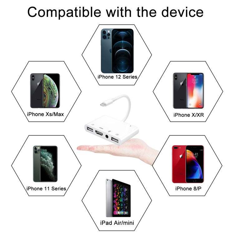 5-in-1 Lightning to Microphone Aux Jack HDMI Audio Adapter 4K TV Dual USB Hub OTG Adapter for iPhone 12/11 Pro/11/XS/X/8/7/iPad