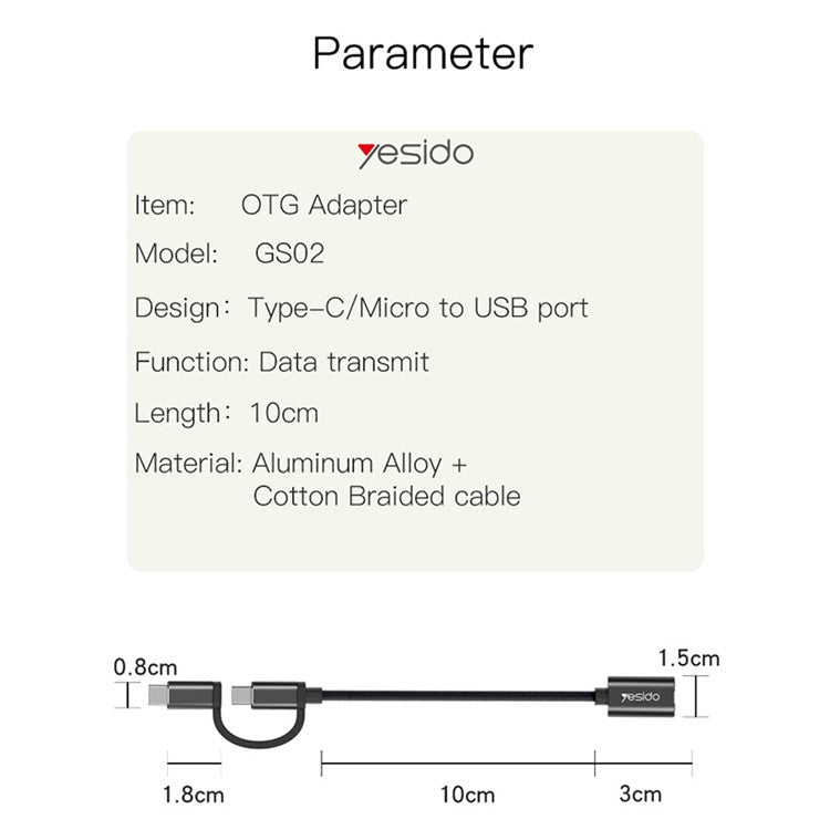 YESIDO GS02 2-in-1 Type C/Micro to USB OTG Adapter Cable Connector for Samsung Xiaomi Huawei MacBook