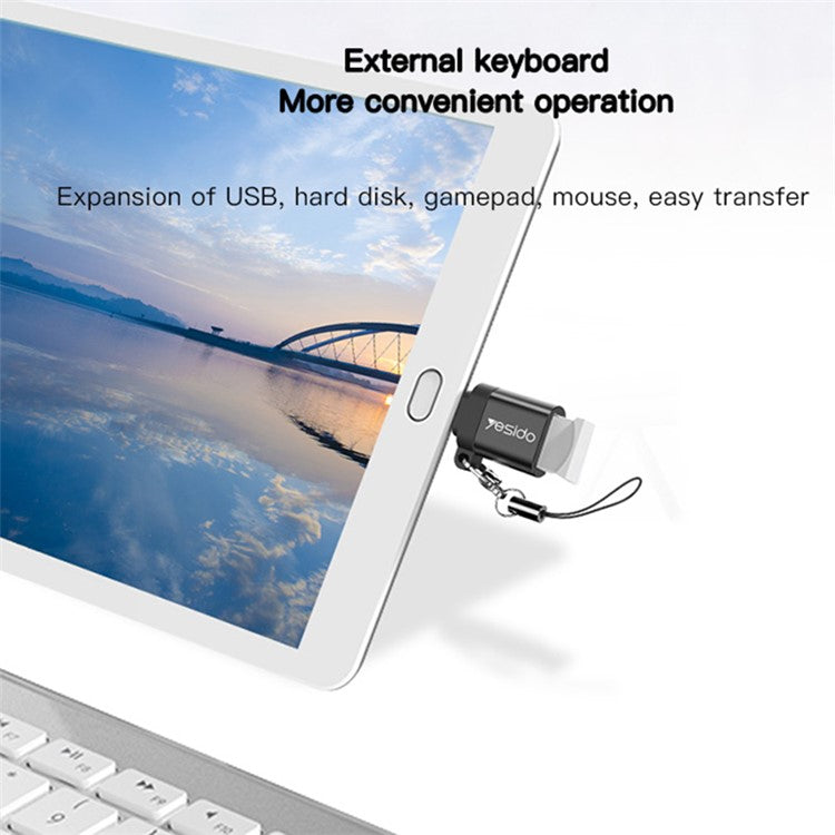 YESIDO GS06 Portable Type-C to USB OTG Connector Adapter with Keychain - Black