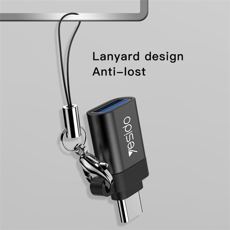 YESIDO GS06 Portable Type-C to USB OTG Connector Adapter with Keychain - Black