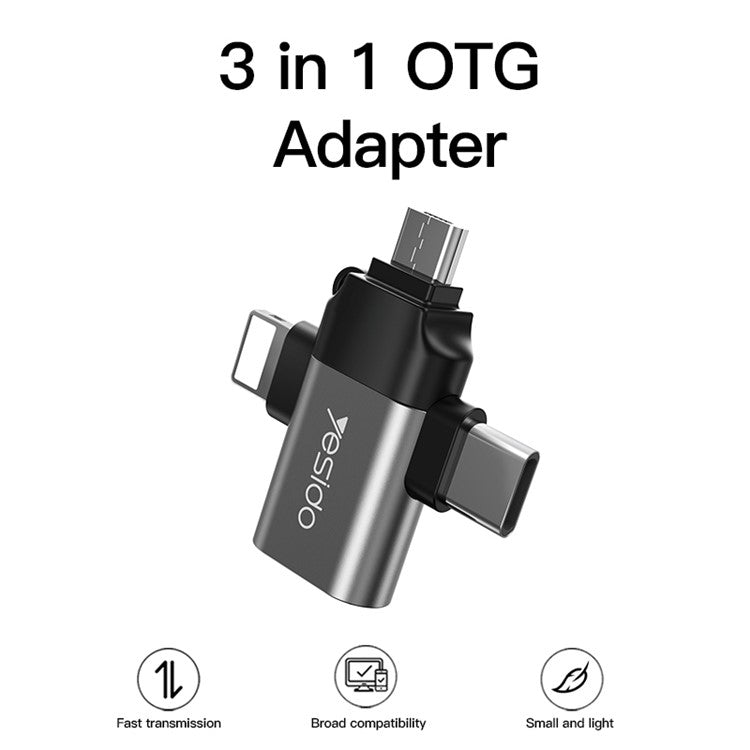 YESIDO GS15 3 In 1 OTG Adapter Type C/Micro/Lightning to USB 3.0 Data Transmit Converter for iPhone Tablet Hard Disk Drive