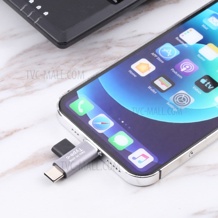 Type-C Female to Lightning Male + Type-C Male 2-in-1 Mobile Phone Tablet Charging Adapter
