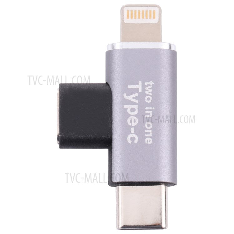 Type-C Female to Lightning Male + Type-C Male 2-in-1 Mobile Phone Tablet Charging Adapter