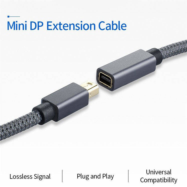1m Mini DP Male to Female Cable Cord Braided DisplayPort Extension Cable Support 1080P@60Hz 4K@60Hz 2K@144Hz - Grey