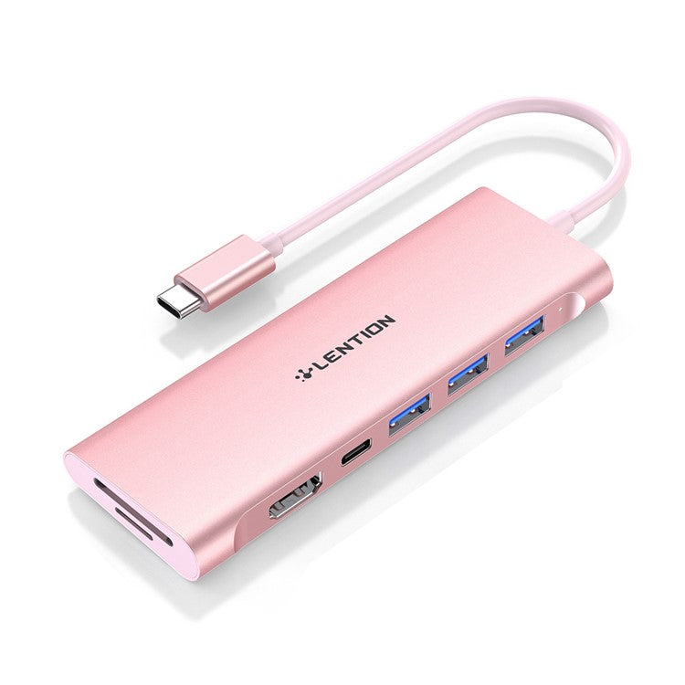 LENTION C36bHCR Type-C Hub Converter to USB 3.0 Ports HD Video Output Port Card Reader Slots PD3.0 100W Charging - Rose Gold