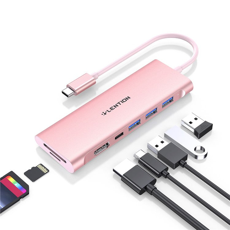 LENTION C36bHCR Type-C Hub Converter to USB 3.0 Ports HD Video Output Port Card Reader Slots PD3.0 100W Charging - Rose Gold