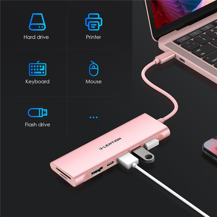 LENTION C36bHCR Type-C Hub Converter to USB 3.0 Ports HD Video Output Port Card Reader Slots PD3.0 100W Charging - Rose Gold