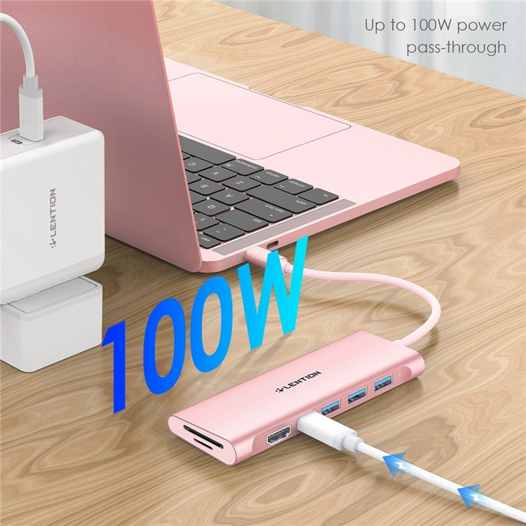 LENTION C36bHCR Type-C Hub Converter to USB 3.0 Ports HD Video Output Port Card Reader Slots PD3.0 100W Charging - Rose Gold