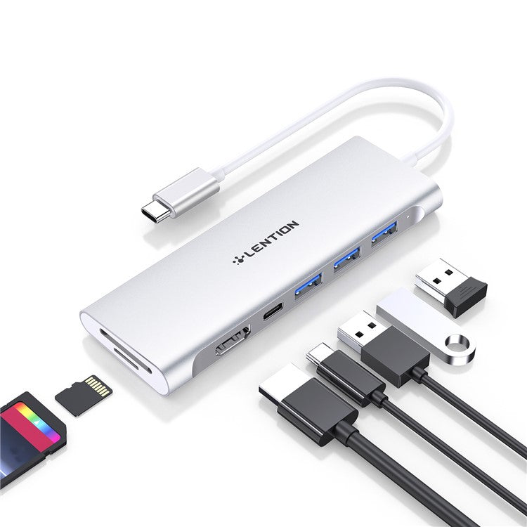 LENTION C36bHCR Type-C Hub Converter to USB 3.0 Ports HD Video Output Port Card Reader Slots PD3.0 100W Charging - Silver