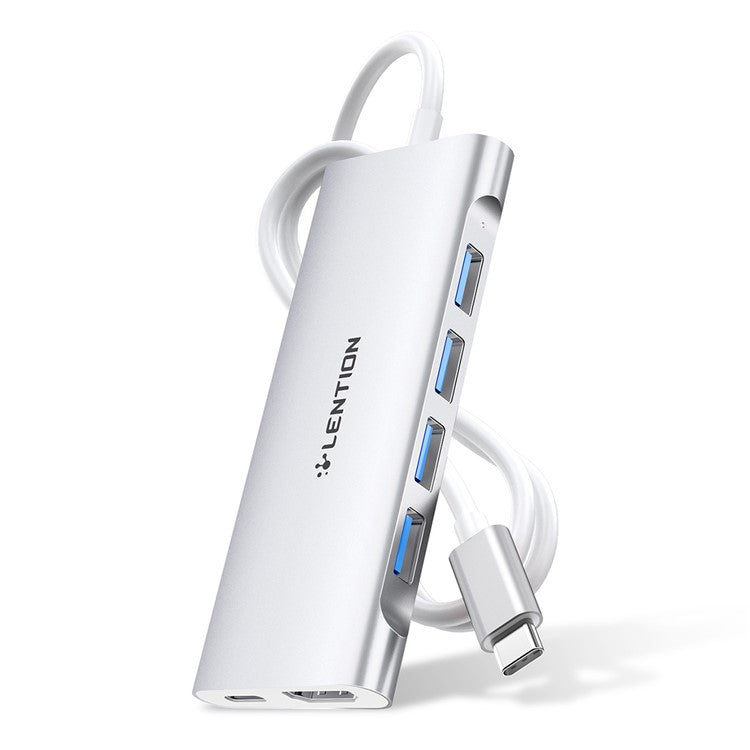 LENTION C35H-1M USB-C Hub Converter Multi-port Docking Station Type-C to 4 USB-A3.0+HD+PD Adapter Compatible with macOS, Windows, Vista, Linux Systems - Silver