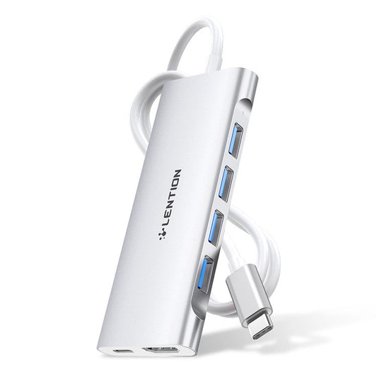 LENTION C35H-1M USB-C Hub Converter Multi-port Docking Station Type-C to 4 USB-A3.0+HD+PD Adapter Compatible with macOS, Windows, Vista, Linux Systems - Silver