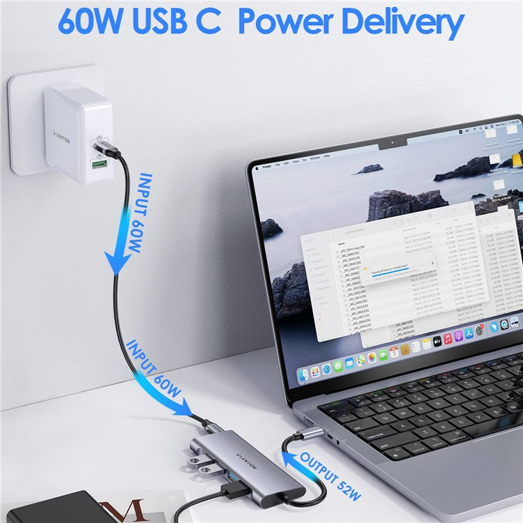 LENTION C31 USB-C to 4 USB-A 3.0 + 1 PD Port Adapter Laptop Aluminum Alloy USB Hub - Grey