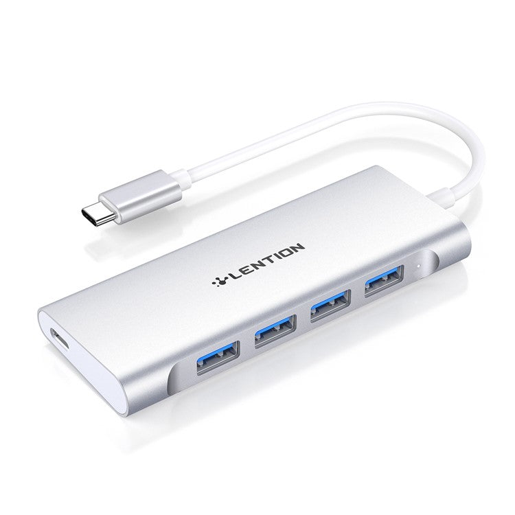 LENTION C31 USB-C to 4 USB-A 3.0 + 1 PD Port Adapter Laptop Aluminum Alloy USB Hub - Silver