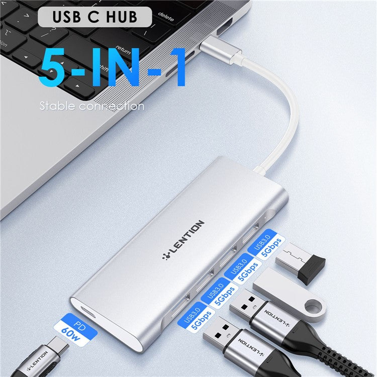 LENTION C31 USB-C to 4 USB-A 3.0 + 1 PD Port Adapter Laptop Aluminum Alloy USB Hub - Silver