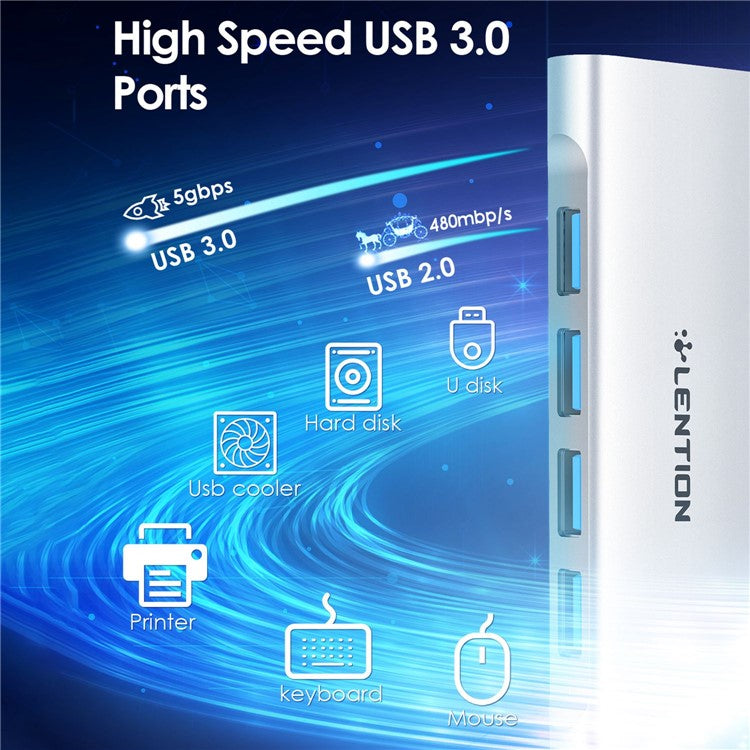 LENTION C31 USB-C to 4 USB-A 3.0 + 1 PD Port Adapter Laptop Aluminum Alloy USB Hub - Silver