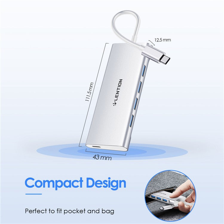 LENTION C31 USB-C to 4 USB-A 3.0 + 1 PD Port Adapter Laptop Aluminum Alloy USB Hub - Silver