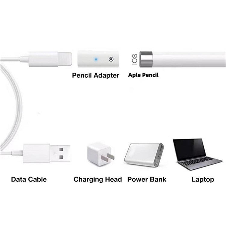 For Apple Pencil 1st Generation Portable Charging Adapter Mini Converter with Indicator - 8 Pin Female to Female / Straight