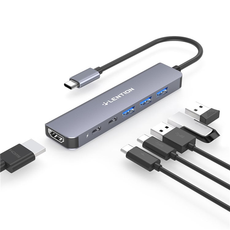 LENTION CE35sH Cloud Ala Series 6-in-1 USB-C Hub Adapter USB-C to 3 USB3.0 + HD 4K / 30Hz  + PD3.0 + USB-C Docking Station - Grey