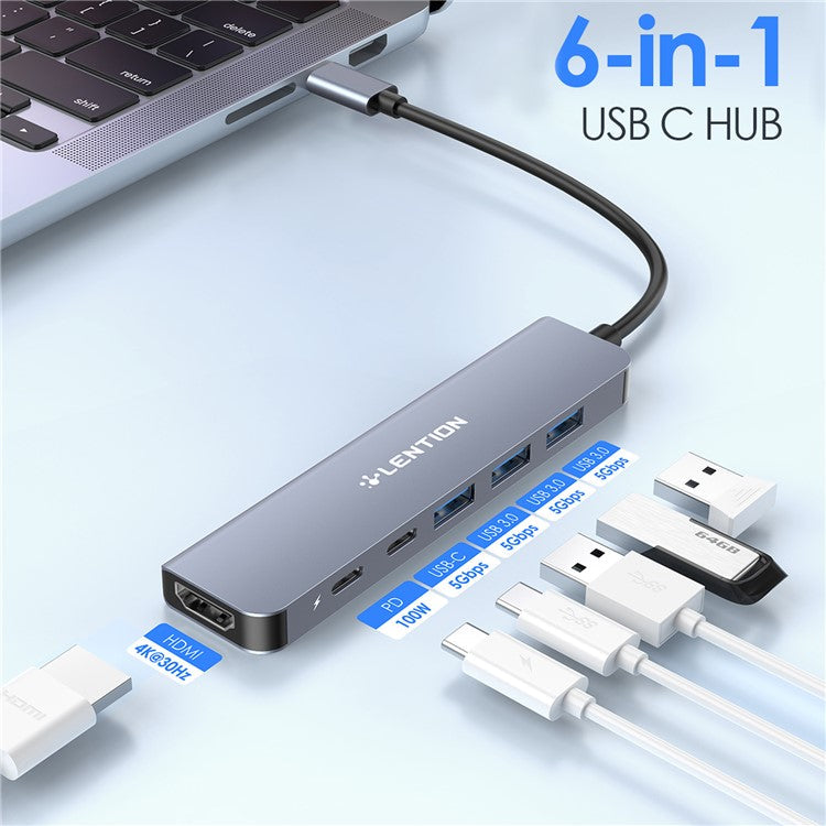LENTION CE35sH Cloud Ala Series 6-in-1 USB-C Hub Adapter USB-C to 3 USB3.0 + HD 4K / 30Hz  + PD3.0 + USB-C Docking Station - Grey
