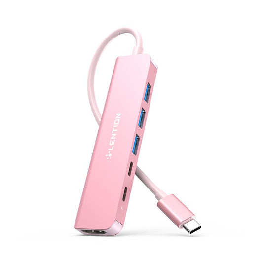 LENTION CE35sH Cloud Ala Series 6-in-1 USB-C Hub Adapter USB-C to 3 USB3.0 + HD 4K / 30Hz  + PD3.0 + USB-C Docking Station - Rose Gold