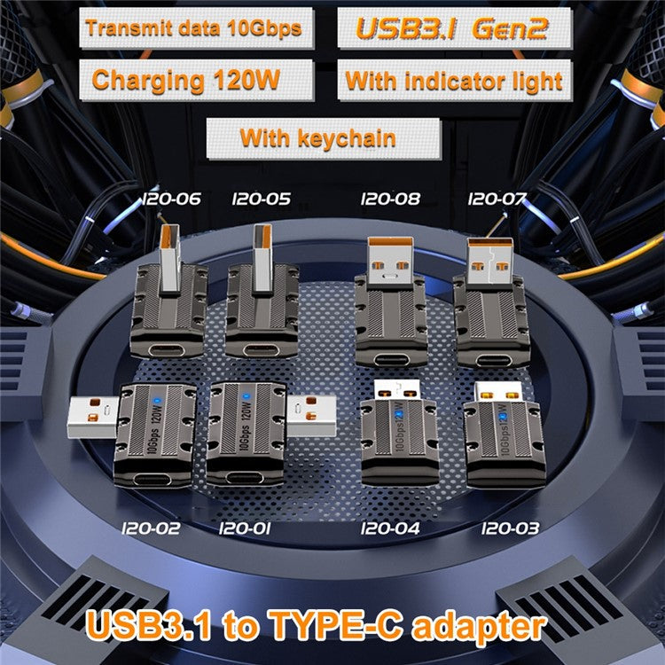 120W USB 3.1 Gen2 to Type-C Converter 10Gbps Zinc Alloy Shell Elbow Adapter
