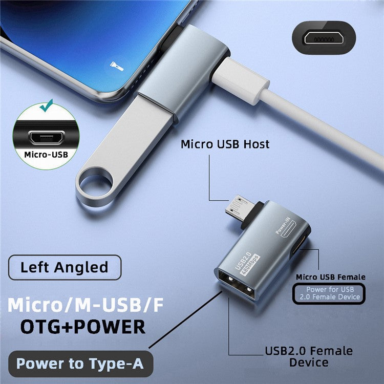 U2-009-LE 90 Degree Left Angled Micro USB 2.0 to Type-A Female OTG Adapter with USB Power for Phone Tablet