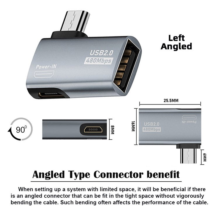 U2-009-LE 90 Degree Left Angled Micro USB 2.0 to Type-A Female OTG Adapter with USB Power for Phone Tablet